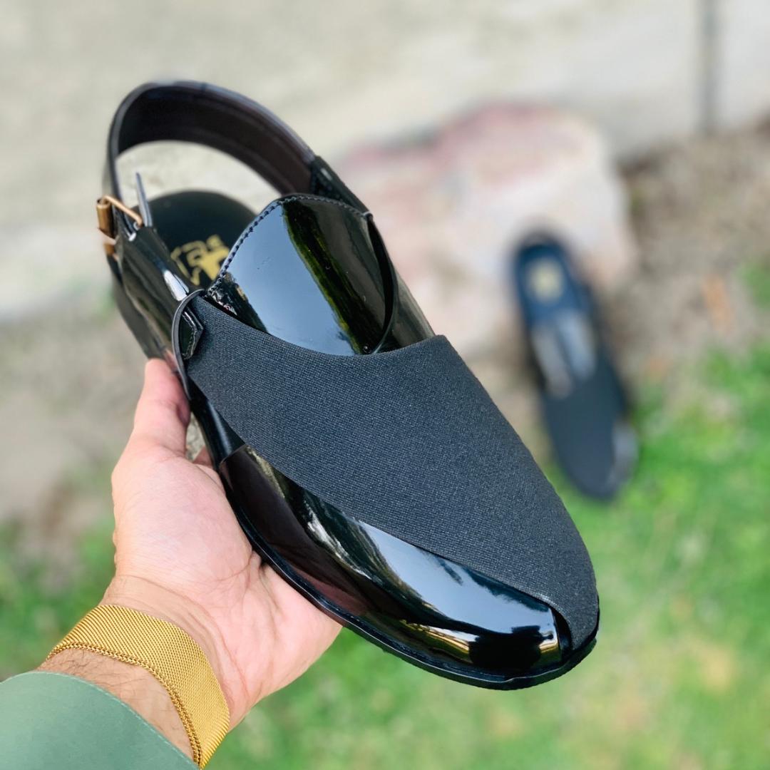 TRADITIONAL HANDMADE BLACK SHINY PESHAWRI CHAPPAL