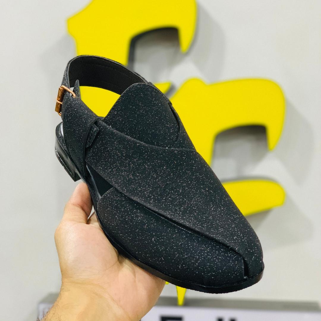 Black Glitter Peshawari Chappal With Chunky Sole