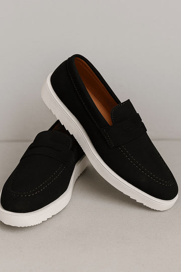 BLACK SUEDE LOAFERS WITH WHITE SOLE
