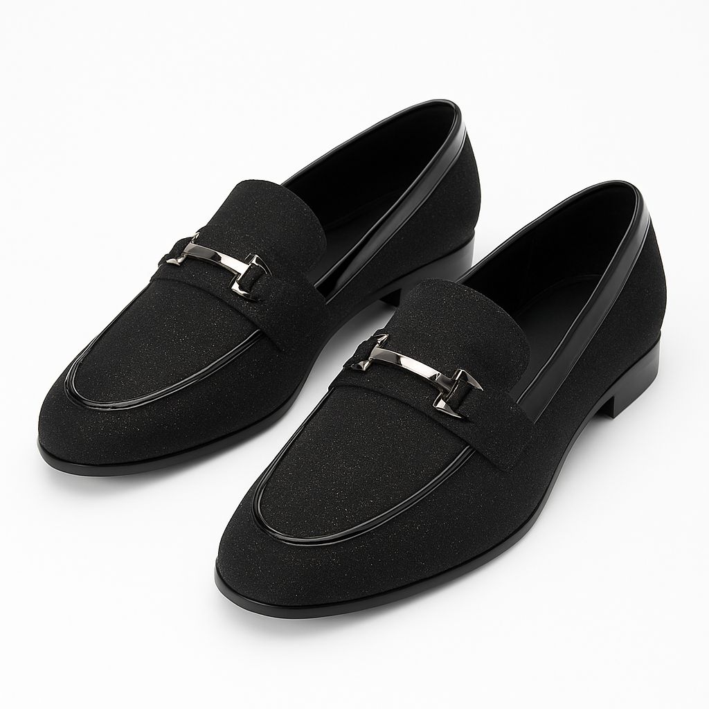 BLACK GLITTER FABRIC LOAFERS WITH METAL BUCKLE