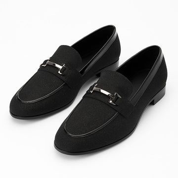 BLACK GLITTER FABRIC LOAFERS WITH METAL BUCKLE