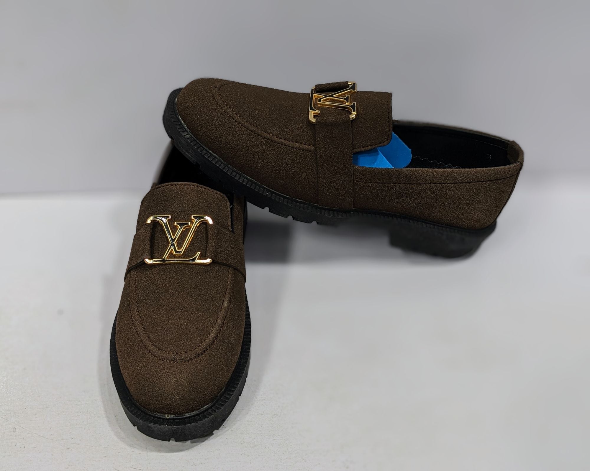 BROWN SUEDE LOAFERS WITH LV BUCKLE